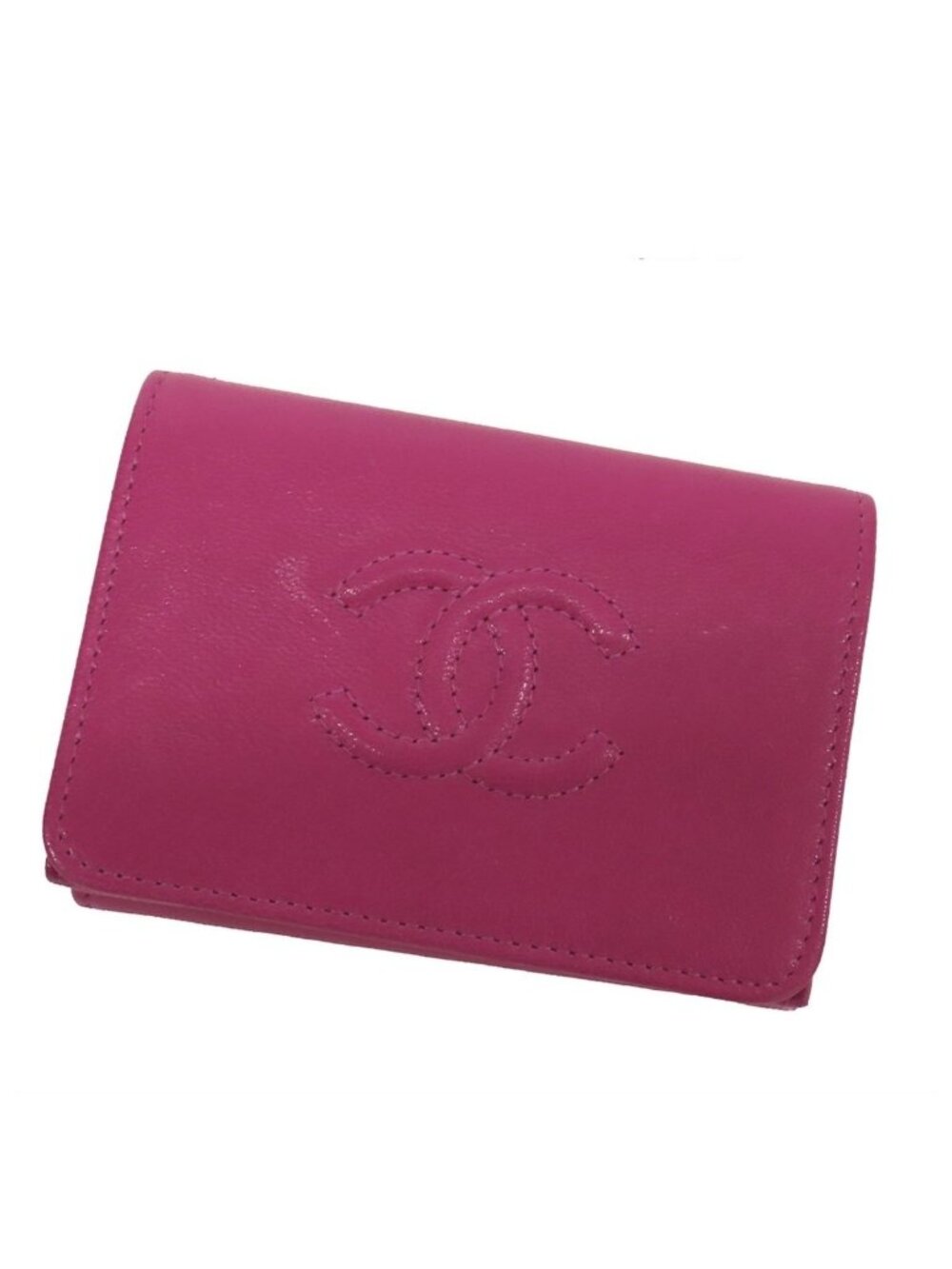 Chanel Trifold Compact Wallet Red Purple Leather CC Logo Stitch